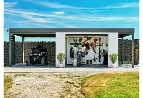 OIKA® Zahradní domek s garážovou bránou a dvěma přístřešky