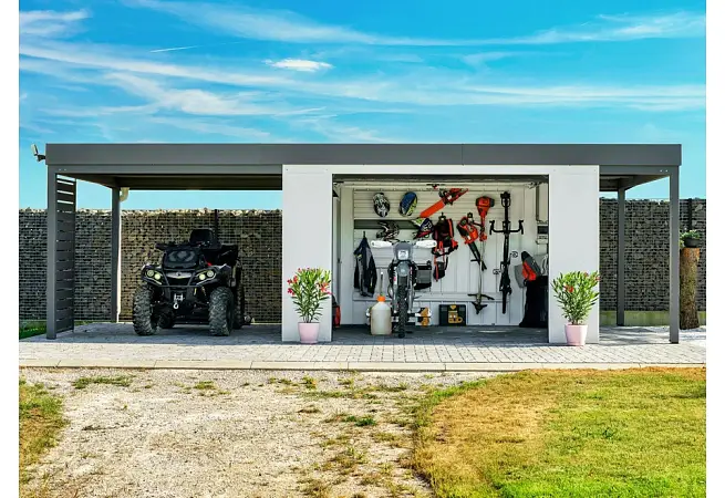 OIKA® Zahradní domek s garážovou bránou a dvěma přístřešky